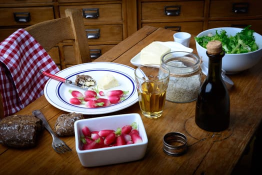 plate with radish, butter and salad on old table