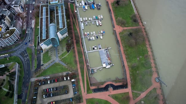 Dusseldorf, Germany - February 20, 2020. Scenic view of the city of Dusseldorf, the embankment of the river and the Rhine. Aerial view of a European city in Germany. Aerial view of a drone. Panorama