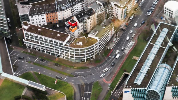 Dusseldorf, Germany - February 20, 2020. Scenic view of the city, the embankment of the Rhine river. Aerial view of a European city. Aerial view of a drone. Panorama