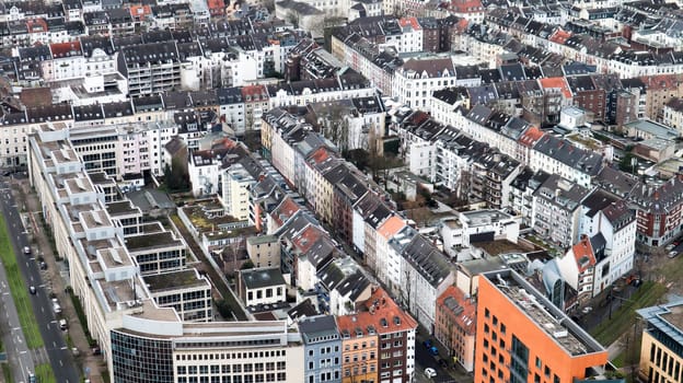 Dusseldorf, Germany - February 20, 2020. Scenic view of the city, the embankment of the Rhine river. Aerial view of a European city. Aerial view of a drone. Panorama