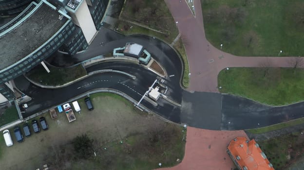Dusseldorf, Germany - February 20, 2020. Scenic view of the city, the embankment of the Rhine river. Aerial view of a European city. Aerial view of a drone. Panorama
