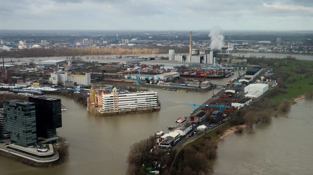 Dusseldorf, Germany - February 20, 2020. Scenic view of the city of Dusseldorf, the embankment of the river and the Rhine. Aerial view of a European city in Germany. Aerial view of a drone. Panorama