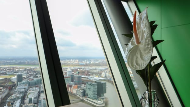 Dusseldorf, Germany - February 20, 2020. Rhine tower with a revolving restaurant. The interior and design of the cafe with a viewing platform inside the television tower in Dusseldorf