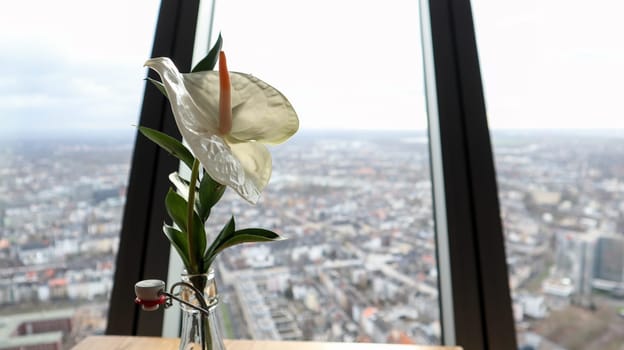 Dusseldorf, Germany - February 20, 2020. Rhine tower with a revolving restaurant. The interior and design of the cafe with a viewing platform inside the television tower in Dusseldorf