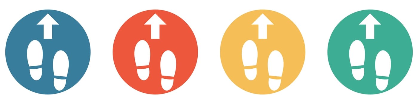 4 colorful Buttons blue, red, orange and green showing: Arrow and footprints