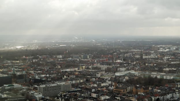 Dusseldorf, Germany - February 20, 2020. Scenic view of the city, the embankment of the river and the Rhine. Aerial view of a European city in Germany. Aerial view of a drone. Panorama.