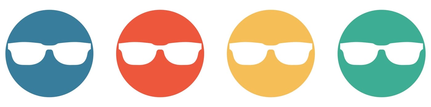 4 colorful Buttons blue, red, orange and green showing: Sunglasses or glasses