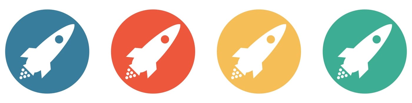 4 colorful Buttons blue, red, orange and green showing: Rocket