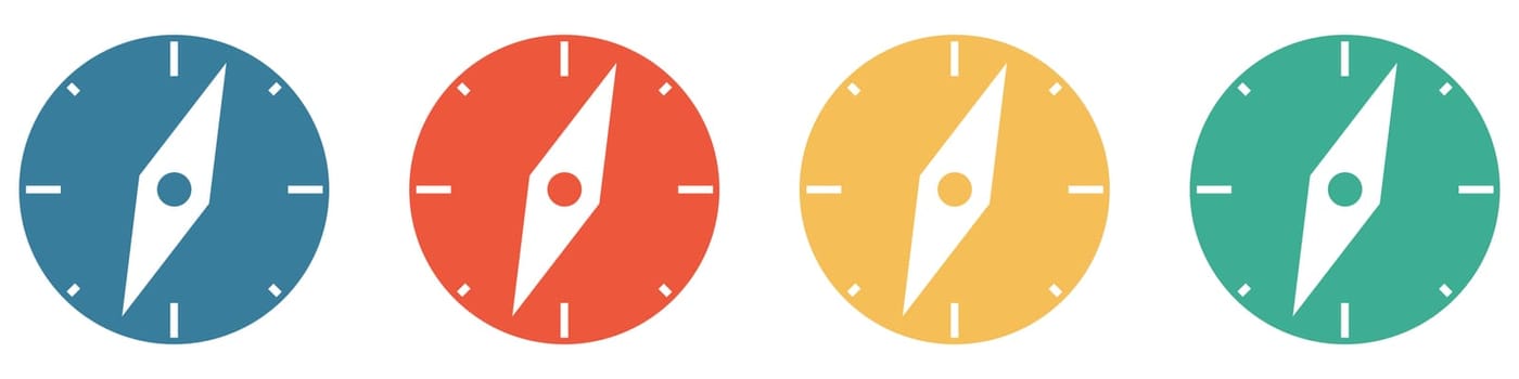 4 colorful Buttons blue, red, orange and green showing: Compass and Strategy