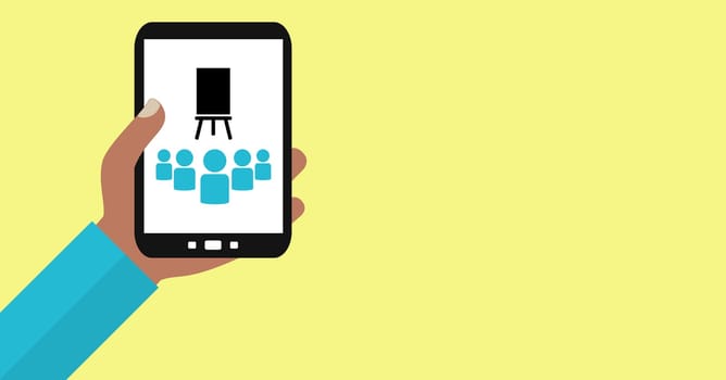 Person of color holding smartphone: Webinar or digiatl learning