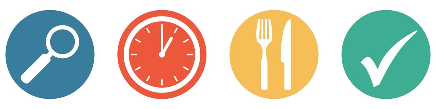 4 Buttons blue red orange green: Search for time and restaurant