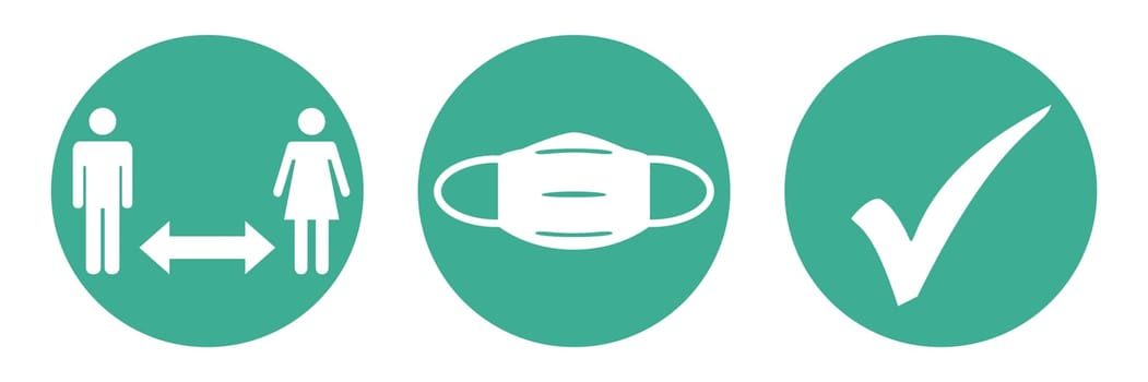Infographic showing Distancing and Face Mask - Green buttons with white icons