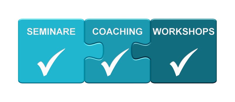 Isolated blue Puzzle Button with checkmarks: Seminars, Coaching, Workshops in german language