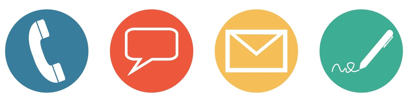 4 Buttons blue red orange green: Contact - telephone hotline, personally, letter or newsletter