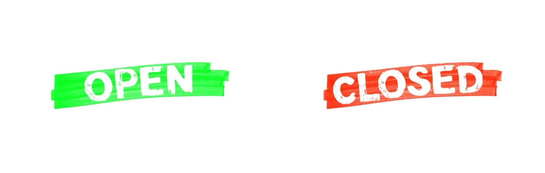 Open and Closed - 2 green and red banners with grunge text