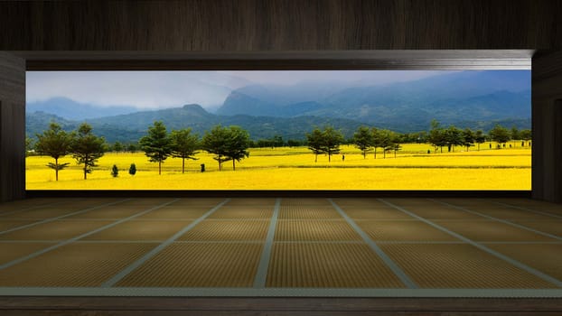 3d rendering traditional Japanese room open to view of beautiful colorful view
