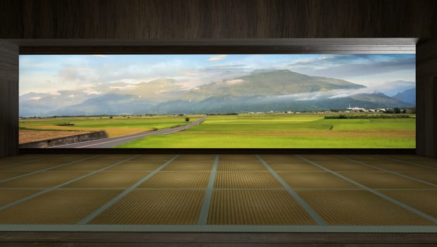 3d rendering traditional Japanese room open to view of beautiful colorful view