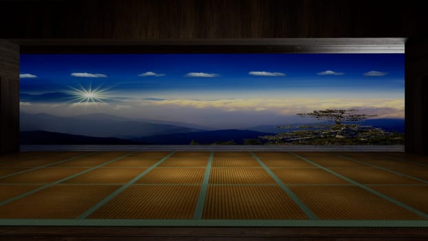 3d rendering traditional Japanese room open to view of beautiful colorful view