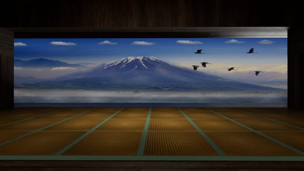 3d rendering traditional Japanese room open to view of beautiful colorful view