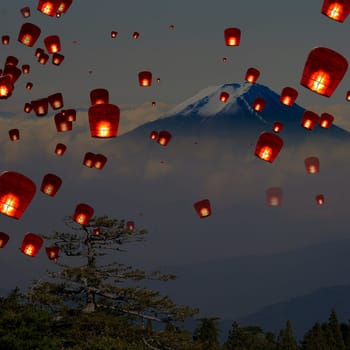 3d rendering of floating sky lanterns with nice view