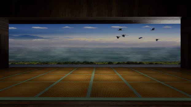 3d rendering traditional Japanese room open to view of beautiful colorful view