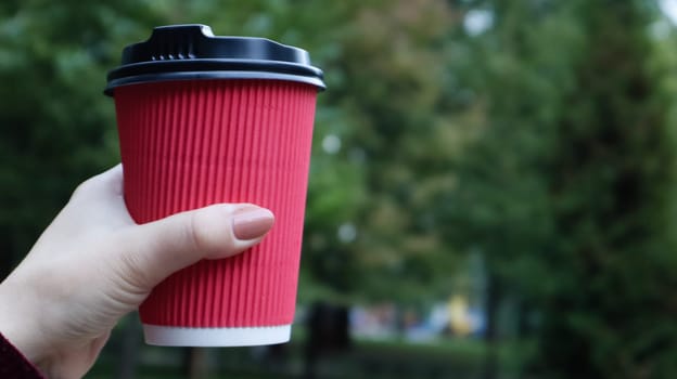 A young girl in a coat holds morning coffee with her while walking in the park. Hand holding paper cup of coffee in green park. Takeaway cappuccino. Close-up, copy space