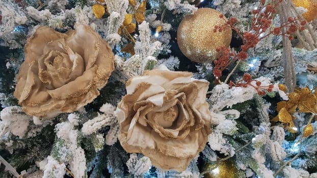 Close-up of a Christmas background. Celebration. Christmas tree with toys and decorative snow for a happy new year. Christmas decorations, New Year's atmosphere. Beautiful modern postcard