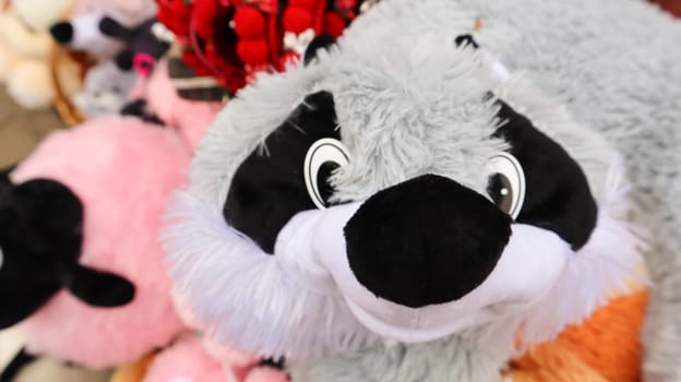 Souvenir market in Yaremche. soft toys for sale in toy stores. Ukraine, Yaremche - November 20, 2019.