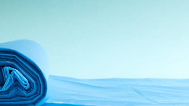One roll of plastic trash bags in blue on a blue background. Bags that are designed to accommodate garbage in them and used at home and placed in various garbage containers. Copy space.