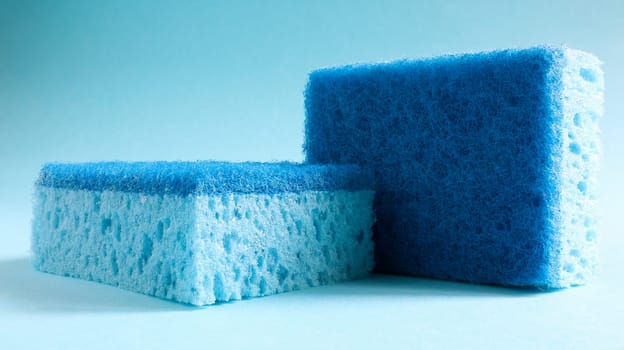 Two blue sponges used for washing and erasing dirt used by housewives in everyday life. They are made of porous material such as foam. Detergent retention, which allows you to spend it economically.