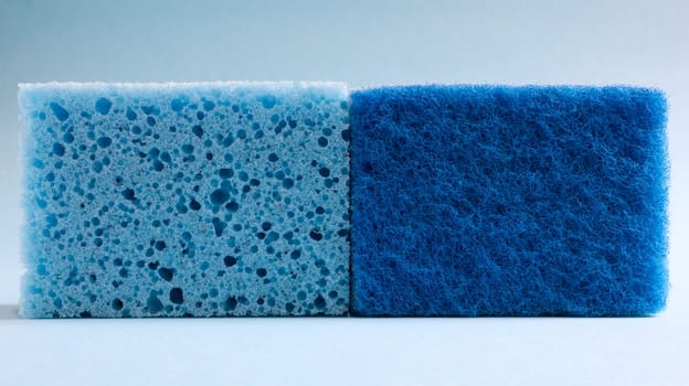 Two blue sponges used for washing and erasing dirt used by housewives in everyday life. They are made of porous material such as foam. Detergent retention, which allows you to spend it economically.