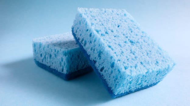 Two blue sponges used for washing and erasing dirt used by housewives in everyday life. They are made of porous material such as foam. Detergent retention, which allows you to spend it economically.