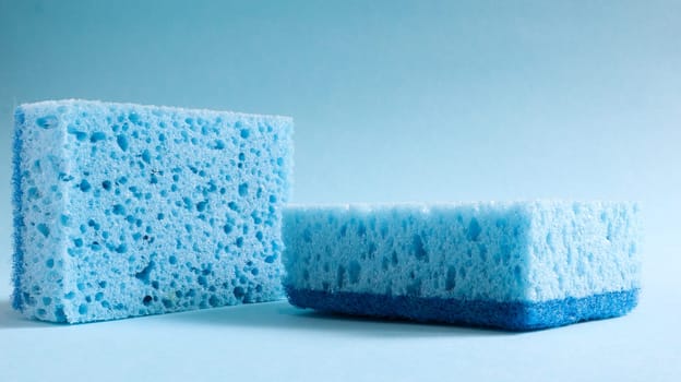 Two blue sponges used for washing and erasing dirt used by housewives in everyday life. They are made of porous material such as foam. Detergent retention, which allows you to spend it economically.