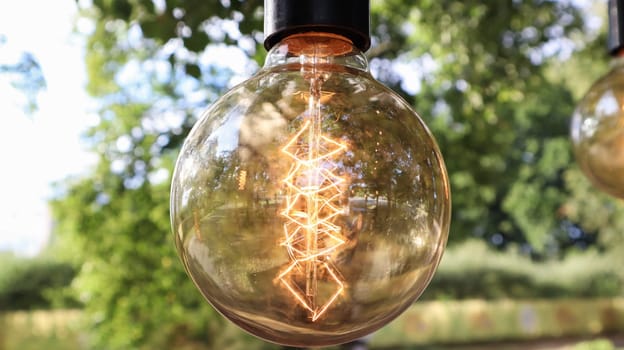 Edison incandescent bulbs hang in a retro loft style. Cafeteria decoration close-up. Street decor Light lanterns Warm light. Soft focus, blurred street background.