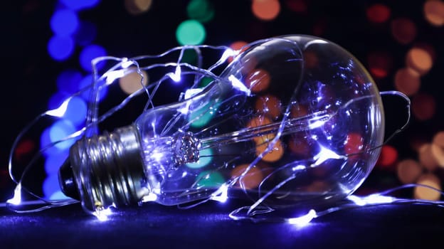 One light bulb lies on a black background with lights in the background. Creative ideas concept. Colorful background with flickering light bulbs. Holiday concept. New Year's and Christmas.