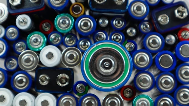 Lots of used household alkaline batteries type AA, AAA, PP3, D, C, collected for recycling. Recycling and ecology problems. Top view of a background of used batteries of different types and sizes