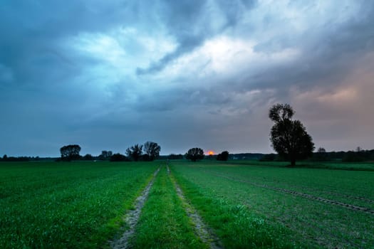 Amazing evening clouds over the field with the road, spring view