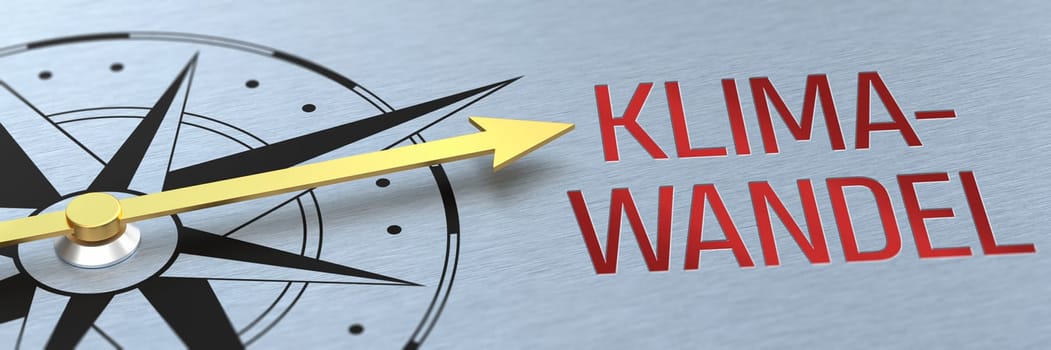 Compass needle pointing to the words Climate change in german - Klimawandel - 3d rendering