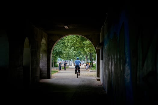 View through the underpass under the Charlottenbrücke in Berlin Spandau towards the Lindenufer on the Havel river