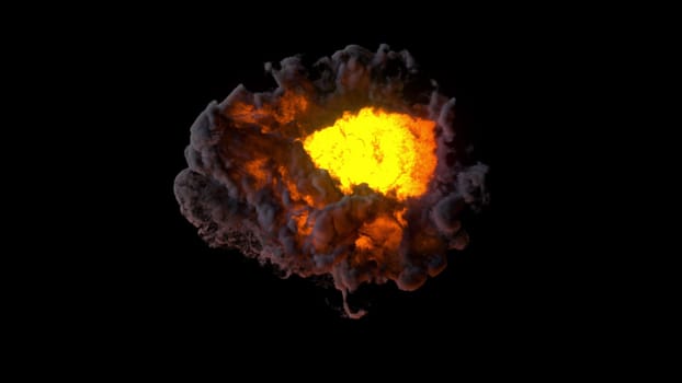 Detonation with powerful 3d render of energy release and smoky clouds. Destructive flash with flame formation and high temperature effect. Dynamic digital destruction.