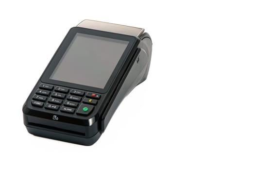 black payment terminal close-up for accepting money from plastic cards from customers on a white isolated background, copy space