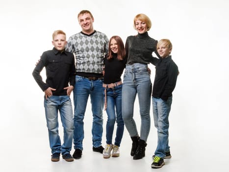 Happy adult large family in casual clothes, full length portrait, isolated on white background