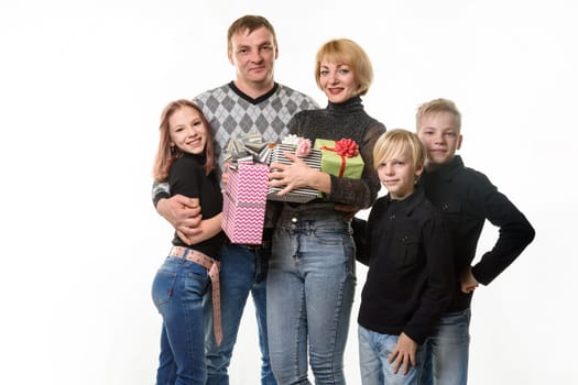 Children and dad congratulated mom happy birthday by giving her gifts, isolated on white background