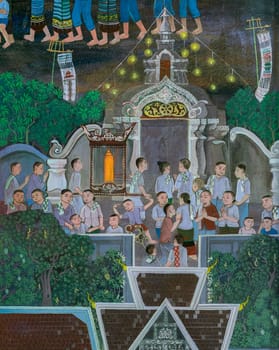 CHIANG MAI,THAILAND - OCTOBER 27, 2014 : Thai Lanna mural painting of Buddist festival on temple wall of Wat Chaimongkol Temple in Chiang Mai, Thailand.