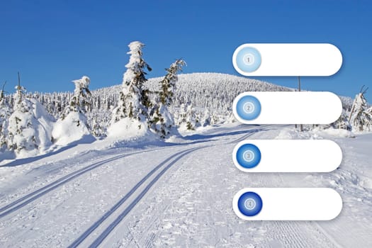 Snowy mountain landscape scenery with cross country skiing way and blank rectangle infographics ready for your use.