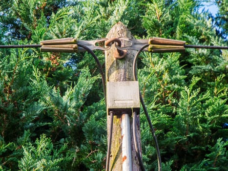 Partial top view of a telegraph pole with distribution box between the incoming and outgoing telephone lines in front of green trees.