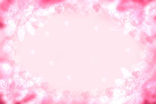 Valentines day card template. Abstract festive blur bright pink pastel background with a frame and hearts bokeh made for valentine or wedding card. Space for design. Card concept.