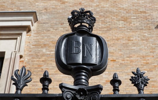 Madrid, Spain - March 6th, 2021: Wrought-iron fence top detail of National Library of Spain, Madrid. Selective focus