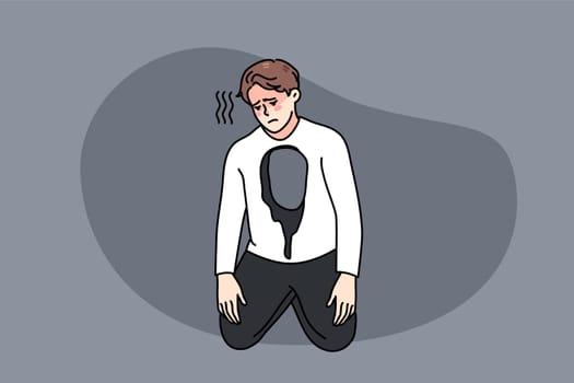 Unhappy man with hole in body feel depressed and broken. Sad upset guy feel stressed have mental or psychological problems. Depression and anxiety concept. Vector illustration.