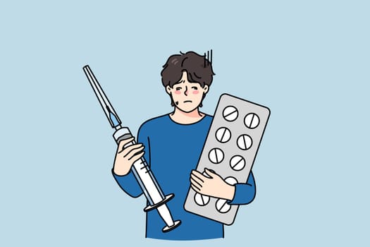 Unhealthy young man with pills and syringe get treatment from covid-19 virus. Unwell guy with drugs medication cure from coronavirus disease. Flu or fever problem. Vector illustration.